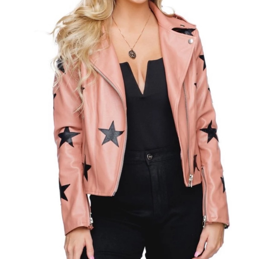 Pink leather jacket with black stars